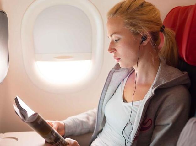 Una chica leyendo en un avión./adobe stock