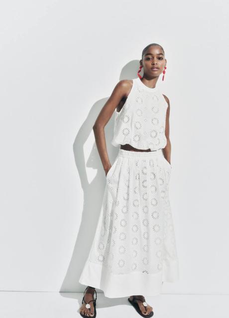 Falda midi en tejido bordado color blanco