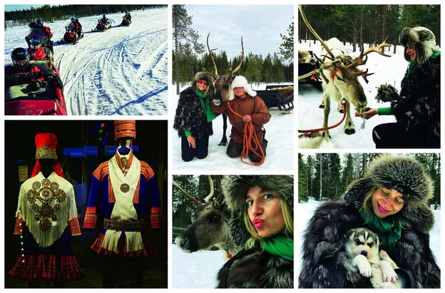 Un paseo en motos de nieve, en Luosto. Con un reno y su guía en el Reindeer Park Kopara. Trajes típicos samis en el Museo Artikum. Dando de comer a uno de los renos. Con un cachorro de husky.
