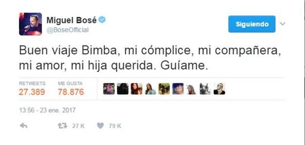 Este es el tuit de Miguel poco después de conocerse que Bimba Bosé nos había dejado a los 41 años.