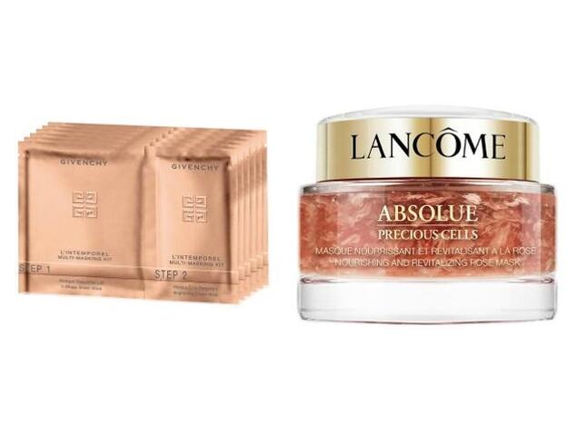 Absolu Precious Cells Mascarilla Nutritiva y Revitalizante a la Rosa de Lancôme (143,50 euros). L´Intemporel Multimasking Kit de Givenchy (84,50 euros).