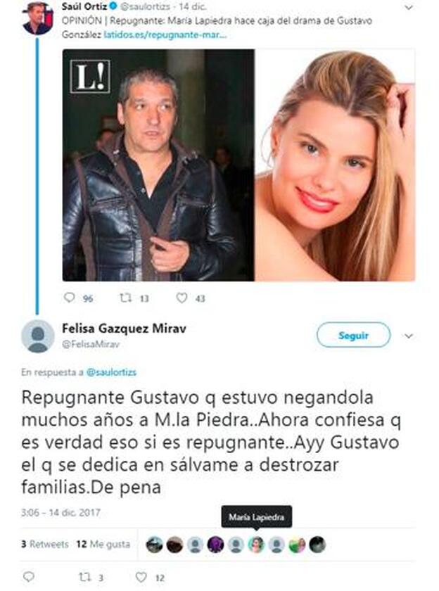 Tweets a los que María Lapiedra ha dado 'like' en los que tachan a Gustavo de repugnante.