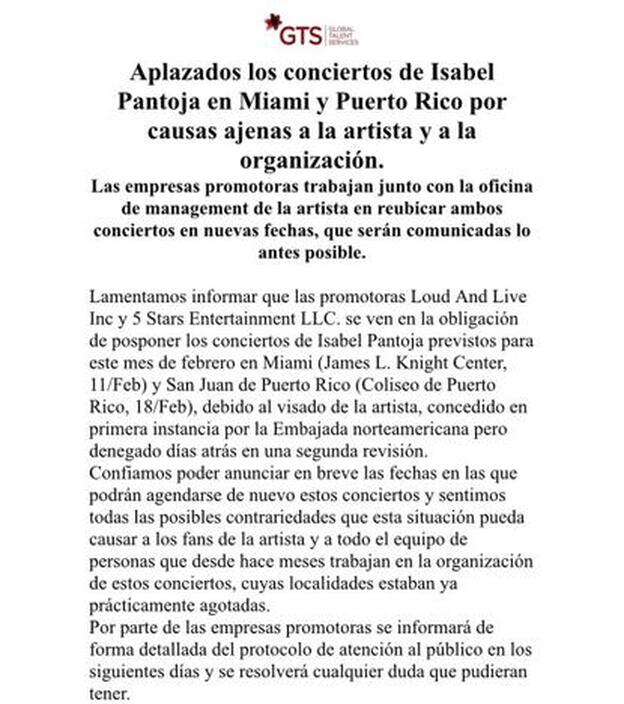 Comunicado en el que se explica que Isabel Pantoja ha tenido un problema con el visado.