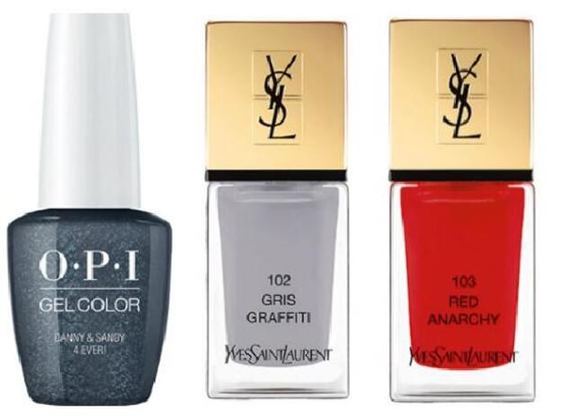 Nail Lacquer en tono Danny &amp; Sandy 4ever de la colección Grease de O•P•I (16 €). / Le Lacque Couture en tonos Gris Grafitti y Red Anarchy de Yves Saint Laurent (28,60 €).