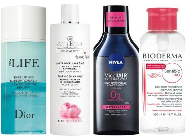 1. Hydra Life Desmaquillante 3 en 1 Triple impa de Dior (36 €). 2. Leche Micelar 3 en 1 de Collistar (24,10 €). 3. MicellAIR Skin Breathe Professional Agua Micelar Bifásica para Rostro y Ojos de Nivea (3,99 €) 4. Sensibio Agua Micelar de Bioderma (17,95 €).