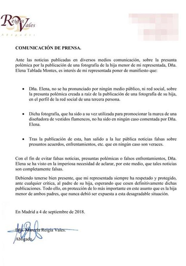 Este es el comunicado que Elena Tablada ha remitido a los medios.