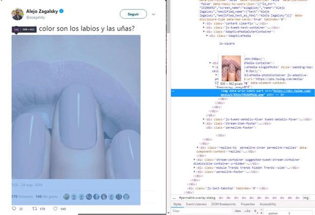 Captura de pantalla de la foto en Twitter, y su código HTML.