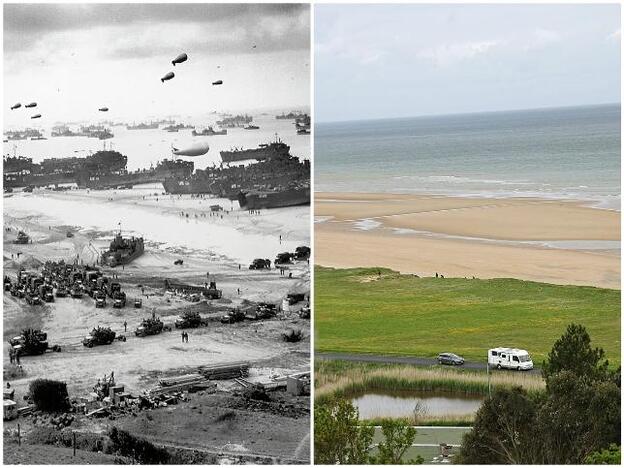 Las playas de Normandía durante el desembarco del D-Day, y en una imagen actual./The Guardian