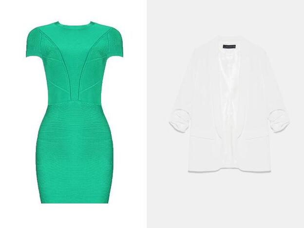 1. Vestido bandage verde de Motufashion (139,90 euros) / 2. Blazer fluida en color blanco de Zara (59,95 euros).