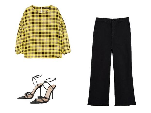 1. Blusa de cuadros y con manga abullonada con pliegues de Zara (9,99 euros) / 2. Pantalón de tiro alto y ancho en color negro de 'Leon & Harper' (135 euros) / 3. Sandalias de tacón negras de Zara (39,95 euros).