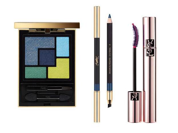 Sombras Couture Palette Majorelle, eyeliner Dessin du Regard, máscara de pestañas The Curler; todos de Yves Saint Laurent Beauty