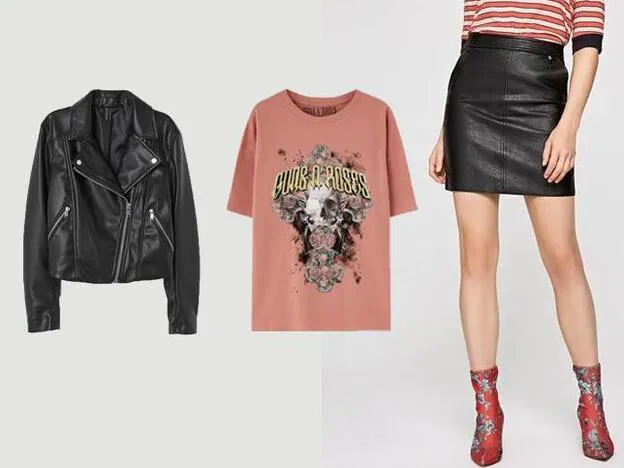1. Cazadora motera de H&M, 39,99 euros / Camiseta de Guns N' Roses de Pull & Bear, 15,99 euros / 3. Minifalda de polipiel petya de Pepe Jeans, 65 euros.