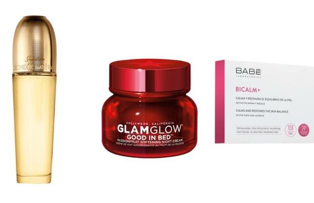 1. Orchidée Impériale Aceite Imperial de Guerlain (305 €). 2. Good in Bed Crema Suave de Noche con Maracuyá de Glam Glow (40,90 €). En Sephora. 3. Ampollas Bicalm+ de Laboratorios Babé (14 €).