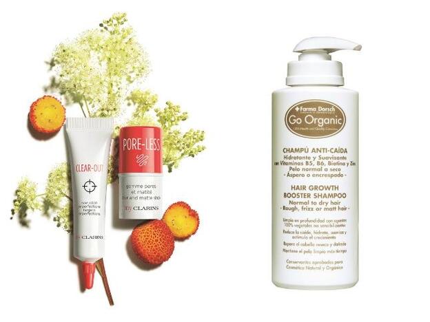 1. La nueva línea joven de Clarins lleva un 88% de ingredientes de origen natural. Clear-Out (17 €) y Pore-Less (17 €) de MyClarins. 2. Este champú español está certificado bio por uno de los organismo más estrictos: el EWG. Champú Anticaída Go Organic de Farma Dorsch (46 €).