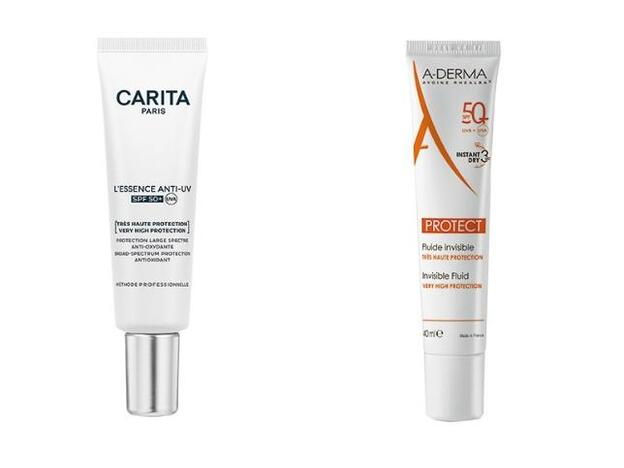 1. Essence Anti-UV SPF50+ de Carita (49 €). 2. Protect Fluido Invisible para pieles frágiles SPF50 de A-Derma (16,30 €).