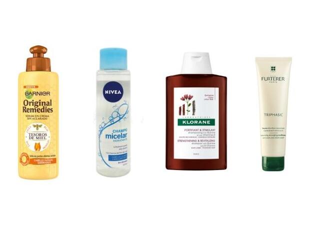 1. Original Remedies Sérum en Crema sin Aclarado Tesoros de Miel de Garnier (6,95 €). 2. Champú Micelar Purificante de Nivea (5,30 €). 3. Champú Fortificante a la Quinina de Klorane (8,76 €). 4. Bálsamo Triphasic de Rene Furterer (19,90 €).