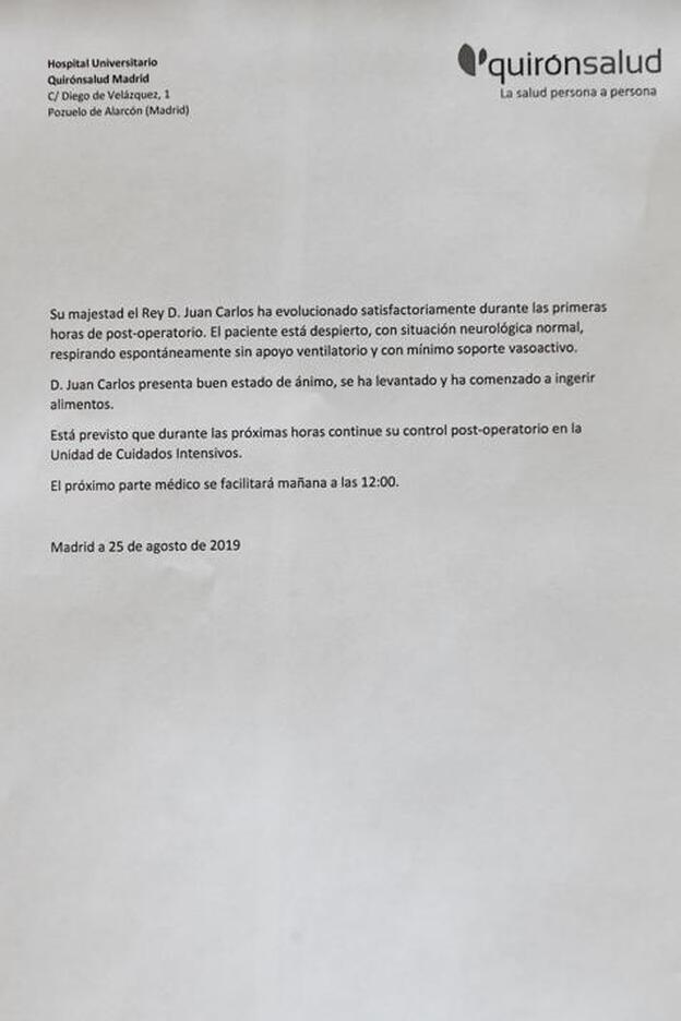 El parte médico del estado de salud de don Juan Carlos cedido por el Hospital Quirón de Pozuelo de Alarcón.