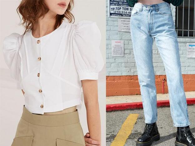 Top con mangas abullonadas y cierre de botones en color blanco (64,95 EUR) y jeans de tiro alto estilo vintage (34 EUR).