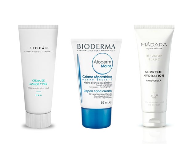 Crema de manos y pies de Bioxán (15,21 €). Crema de manos Atoderm de Bioderma (7 €). Supreme Hydration Hand Cream de Mádara (11,50 €).