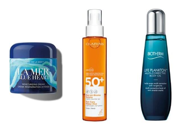 1. La Mer Crème de La Mer edición Blue Heart (440 €). 2. Clarins Eau en Brume Solaire SPF50 (31,50 €). 3. Biotherm Life Plankton Body Oil (54 €).