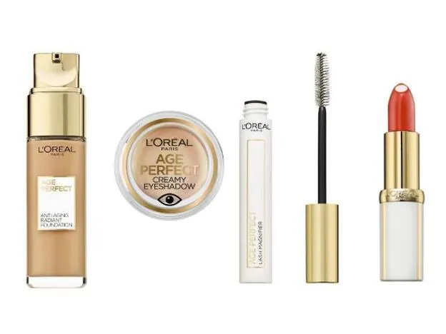 1. Base Anti-Aging Radiant Foundation. 2. Creamy Eyeshadow. 3. Lash Magnifier. 4. Barra de labios. Todo de la colección de maquillaje antiedad Age Perfect de L'Oréal.