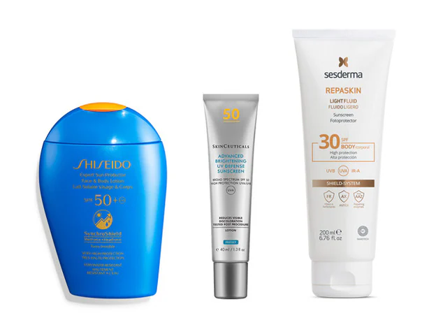 Expert Sun Protector Face & Body Lotion SPF 50+ de Shiseido (49 €). Advanced Brightening UV Defense SPF50 de Skinceuticals (45 €). Fluido ligero corporal SPF30 Repaskin de Sesderma (27,46 €).