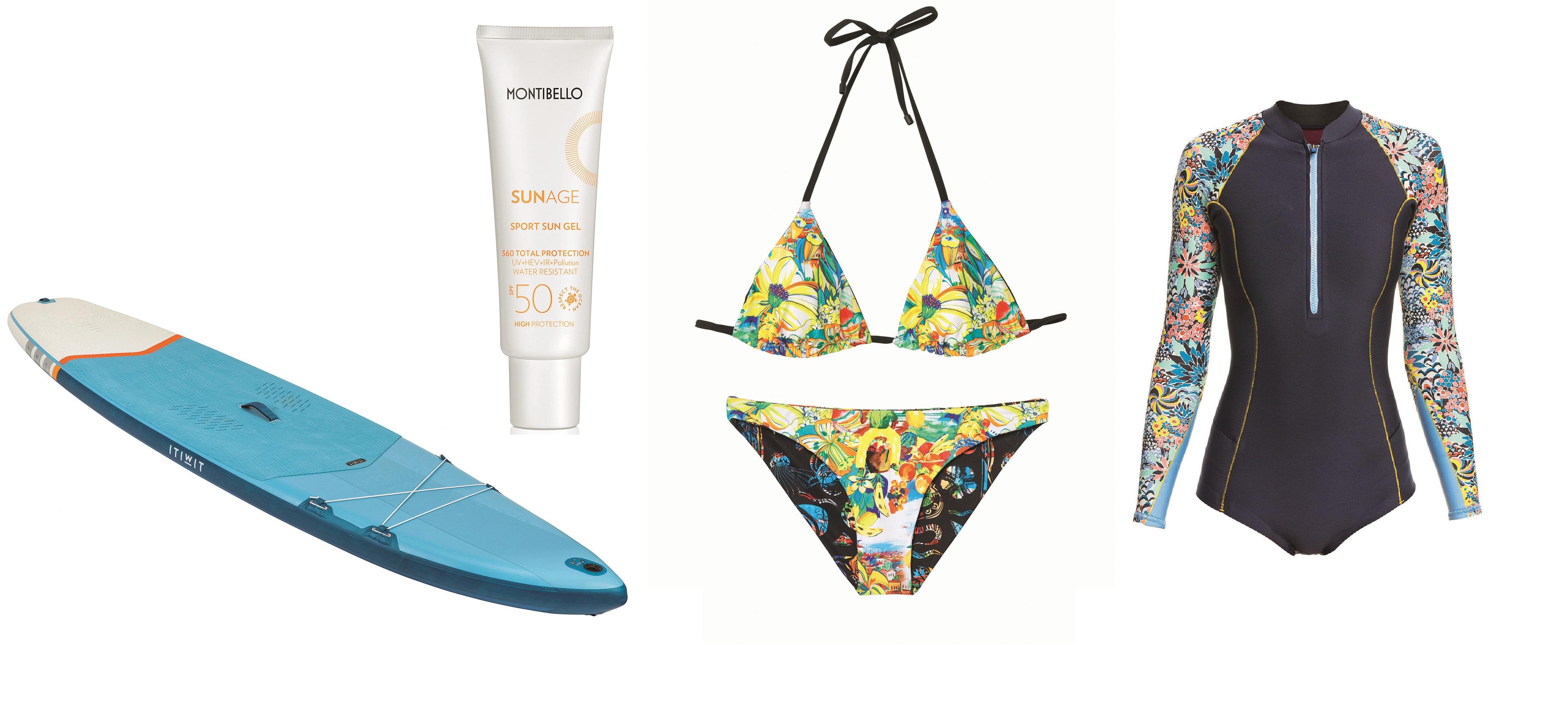 Neopreno Marine Bloom (129,99 €). DECATHLON. Tabla de paddle surf hinchable (349,99 €). MONTIBELLO. Sport Sun Gel SPF50 (28,90 €). DESIGUAL. Top (49,95 €) y braguita (39,95 €).