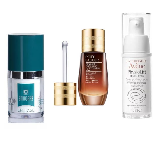 1. Endocare Cellage de Cantabria Labs (40,80 euros). 2. Advanced Night Repair Eye Concentrate Matrix de Estee Lauder. (72 euros). 3. Physiolift Eau Thermale de Avène (22 euros).