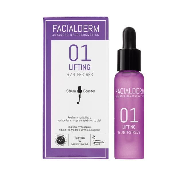 Sérum Booster 01 lifting y antiestrés de Facialderm. Reafirma, reduce las líneas de expresión y reduce las marcas de estrés en la piel tras 28 días de uso. (34,90 euros).