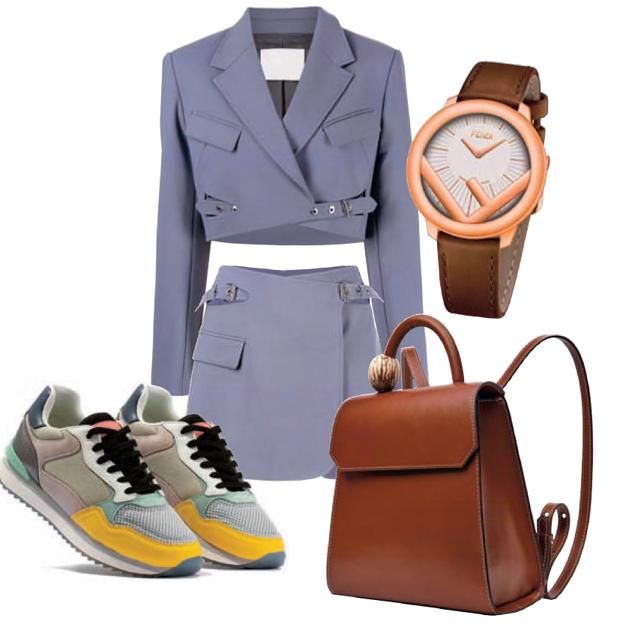 Conjunto de blazer corta y minifalda, de Dion Lee; reloj Run Away de Fendi, mochila de Ballen, y zapatillas Miami de Hoff.