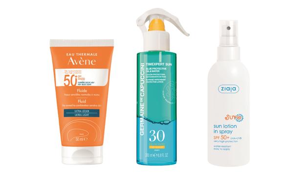 1. AVÈNE. Fluido ultra ligero SPF 50+ (13,95 €). 2. GERMAINE DE CAPUCCINI. Loción protectora bifásica Blue Protective Oil &amp; Water SPF 30+ (34 €). 3. ZIAJA. Protector Solar Hidratante en spray SPF 50 + (9,99 €).