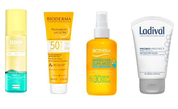 1. Isdin. Protector bifásico HydroLotion con Chlorella Maris (24,95 €). 2. Bioderma. Leche protectora Photoderm Lait Ultra SPF 50+ (20,95 €). 3. Biotherm. Bruma solar invisible Waterlover Sun Mist (24,50 €). 4. Ladival. Protector Probio-Protect (19,26 €).