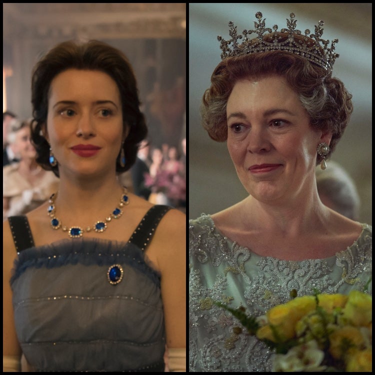 Claire Foy y Olivia Colman como la reina Isabel II en The Crown. 