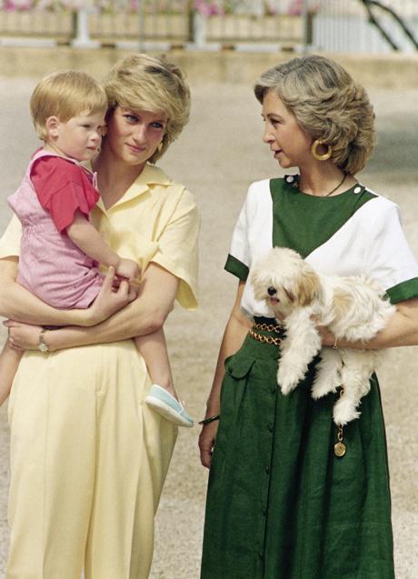 Diana de Gales con su hijo el príncipe Enrique y la reina Sofía con su perro.