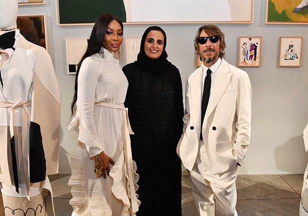 DOHA, QATAR - NOVEMBER 02: (L-R) Naomi Campbell, Her Excellency Sheikha Al Mayassa Bint Hamad bin Khalifa Al Thani, Chairperson of Qatar Museums, and Pierpaolo Piccioli, Creative Director of Maison Valentino, attend the #QatarCreates opening reception, presented with Maison Valentino, on November 2, 2021 at the Museum of Islamic Art in Doha, Qatar. #QatarCreates is a cultural celebration connecting the fields of art, fashion, and design through a diverse program of exhibitions, awards, public talks, and special events, all taking place in the heart of Doha. (Photo by Craig Barritt/Getty Images for Qatar Museums)/