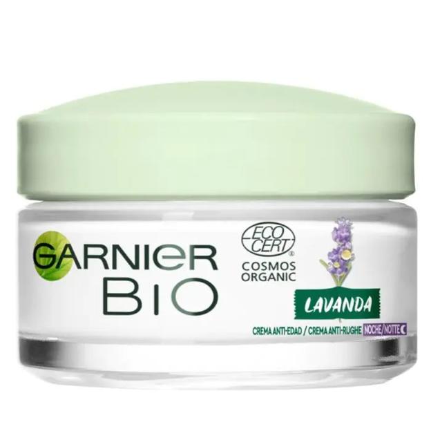 BIO Crema Antiedad Noche Regeneradora con Aceite Esencial Lavanda y Argán Ecológicos y Vitamina E de Garnier.