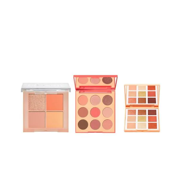 GloWish Palette en tono Clay de Huda Beauty. Precio: 22,99 euros/Pretty in Peach Eyeshadow Palette de Morphe. Precio: 11,68 euros/The Sunset Eyeshadow Palette de 3INA. Precio: 24,95 euros