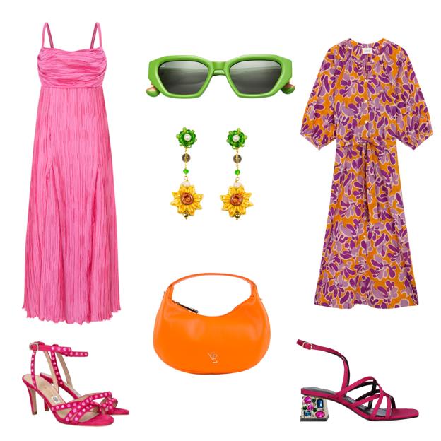 Vestido Carrie en gasa rosa drapeada, de MARTA MARTÍ (920 €). Gafas de sol con montura verde, de WOODYS (164 €). Vestido con manga abullonada y estampado, de BABBAKI (99 €). Sandalias Emma, en satén con tacón con cristales, de EXÉ, 89, 95 €. Bolso Alegría, en piel y con dos asas, de NAIARA ELGARRESTA (150 €). Sandalias Rutg, con cristales Swarovski, de MASCARÓ (369 €). Pendientes largos con girasoles de cerámica, de CASHFANA (85 €). 