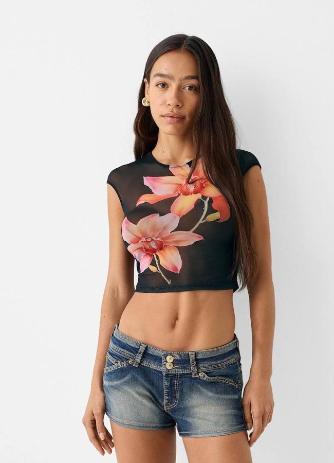 Camiseta hibiscus flower en tul semitransparente