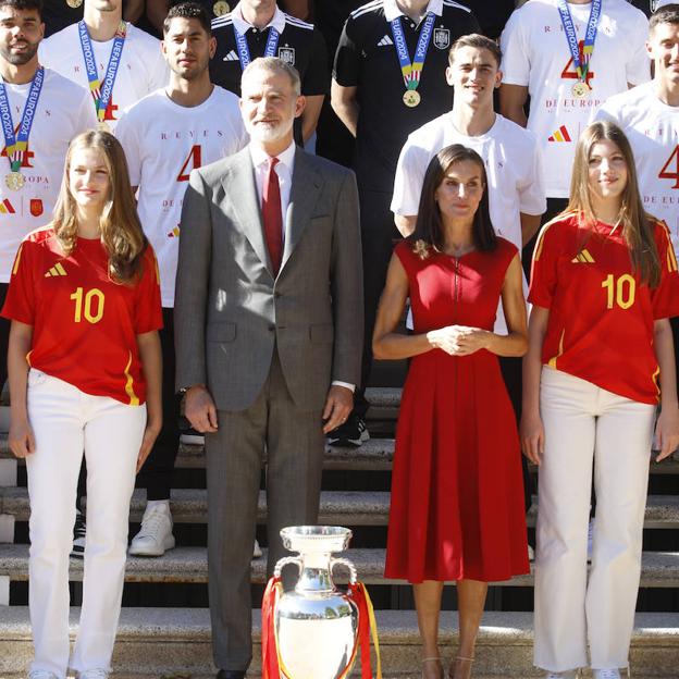 Los reyes Felipe y Letizia, Leonor y Sofía con la copa de Europa ganada por España.