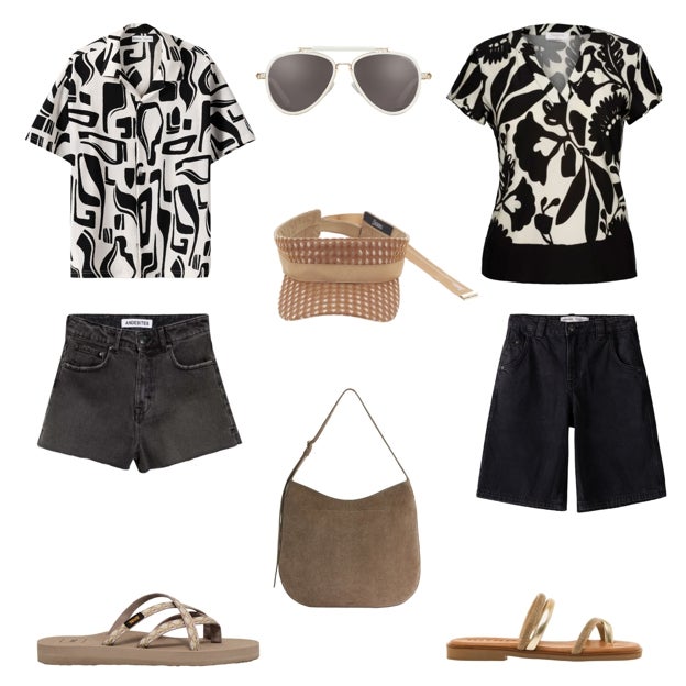 Camisa de manga corta con estampado, de BERSHKA (23 €). Gafas de sol tipo aviador, de THOMAS SABO (229 €). Top estampado, de NAULOVER (64 €). Short vaquero tipo bermuda, de BERSHKA (20 €). Sandalia plana con tiras metalizadas, de MUSTANG (39, 95 €). Bolso de ante, de ARKET (199 €). Sandalia tipo surfero, de TEVA (C.P.V.). Short vaquero de tiro alto, de ANDESITES (68 €). Visera ajustable, de HERNO (119 €). 