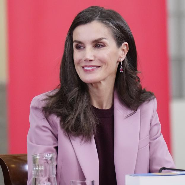 La reina Letizia repite con el traje rosa de Hugo Boss y sus pendientes de rubíes.